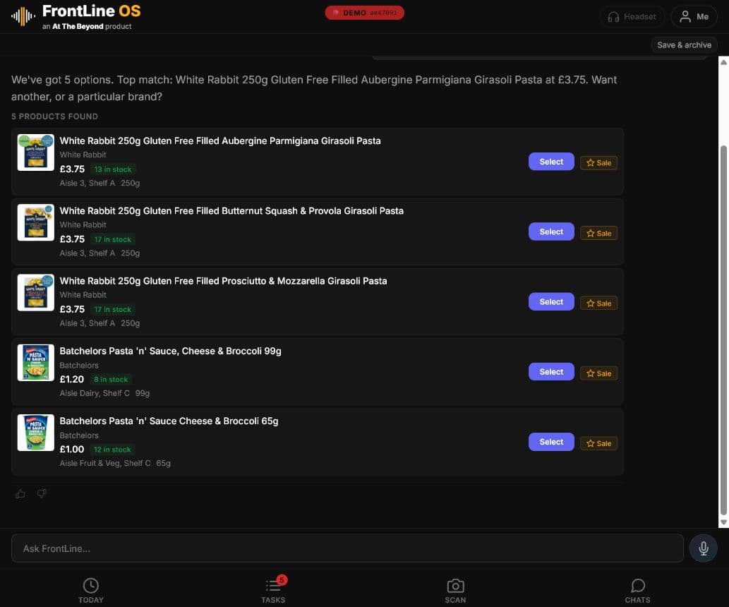 Chat screen showing product search results with sale-attribution buttons.