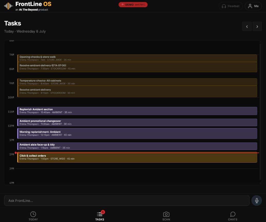 Task board showing phase-grouped tasks with priority badges and inline actions.